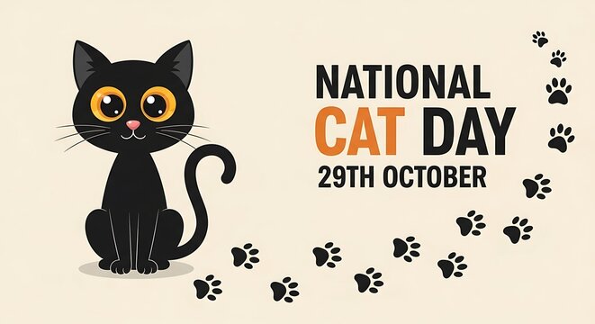 Cute cartoon black cat sitting with big yellow eyes, surrounded by paw prints, celebrating national cat day on october 29th