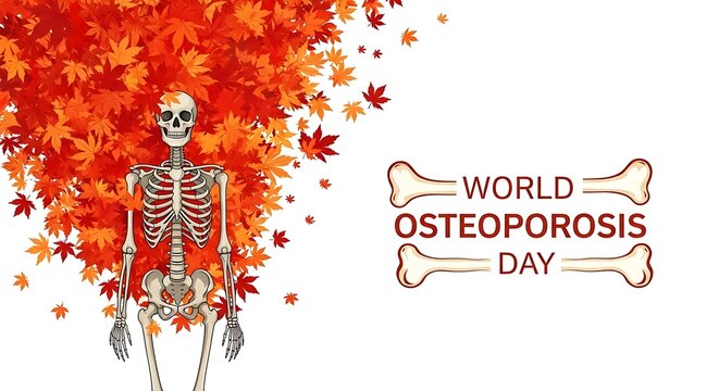Illustration for world osteoporosis day featuring a human skeleton surrounded by a vibrant cascade of orange and red autumn leaves