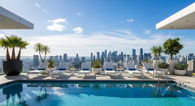 Luxury rooftop pool with stunning city skyline view and clear blue sky.