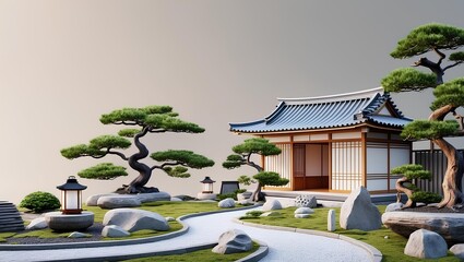 a serene Japanese Zen garden with a traditional tea house
