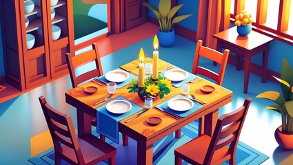Obraz premium Bright modern dining table arrangement with vibrant flower bouquet, neatly arranged plates, and natural daylight. Fresh and inviting home interior scene perfect for lifestyle branding