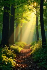 Obraz premium Golden sunlight streams through leaves, illuminating a forest floor dappled with light and shadow Perfect for nature, serenity, and spring themes , pattern, ray
