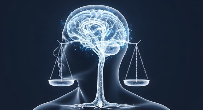 Human Brain with Justice Scale Balance - Legal Mind Intelligence Concept 3D
