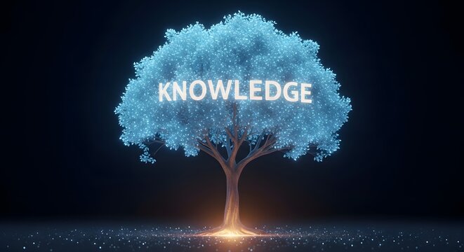 Knowledge Tree Glowing Blue Digital Light Concept Education Learning Growth Dark Background