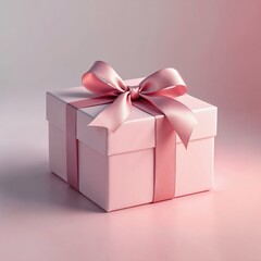 Obraz premium A delicately wrapped pink gift box with a satin ribbon sits on a pale pink surface.