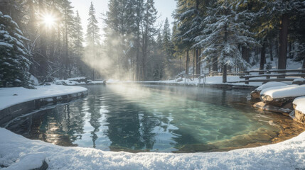 Obraz premium Serene winter scene of steaming hot spring surrounded by snow covered trees and wooden fence, with sunlight filtering through forest