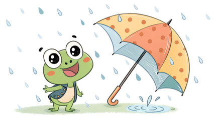 Obraz premium Happy Frog in the Rain with Umbrella - Cute Cartoon Illustration