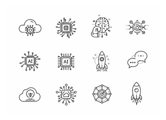 Tech Icons: Cloud, AI, Blockchain, Startup - Line Art