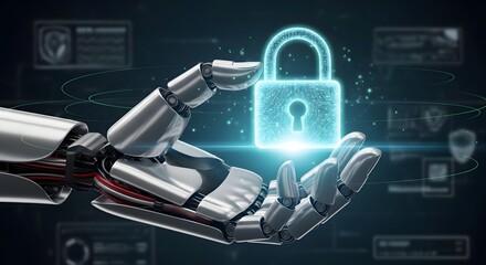 Robotic Hand Securing Digital Padlock: AI-Powered Cybersecurity and Data Protection Concept with Advanced Technology