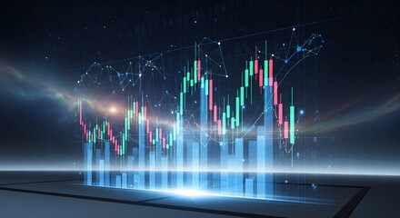 Futuristic Holographic Financial Charts Displaying Global Stock Market Data and Investment Trends with Digital Connections and Luminous Effects