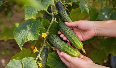 Hands Picking Cucumbers in Garden