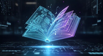 Futuristic Digital Book with Glowing Neon Tech Pages on Circuit Board Background, Representing AI, E-learning, and Information Technology