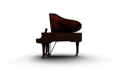 High end dark brown grand piano polished wooden music instrument isolated stock photo Left side