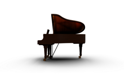 High end dark brown grand piano polished wooden music instrument isolated stock photo Left side