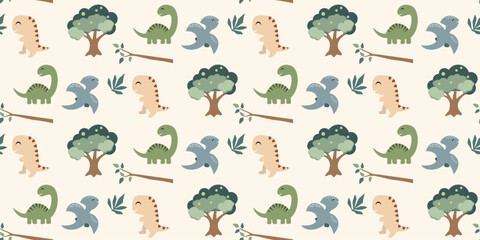 Cute dinosaurs pattern. Jungle dinosaurs animal seamless pattern. Safari dinosaurs and tropical plants.  Perfect for fabrics, print, textile, wallpaper, decor. 