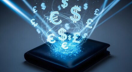 Digital Currency Flow from Wallet: Glowing Global Money Symbols Emanating with Blue Light Beams, Illustrating Online Transactions, Fintech, and Fin...