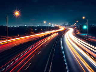 Fast-moving traffic lights up a highway at night.