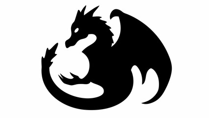 Silhouette illustration of a dragon with curled tail and single wing in black against a white background