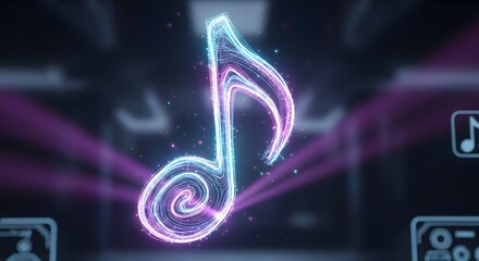 Vibrant Glowing Digital Music Note: Abstract Holographic Quaver of Sparkling Particles Representing Futuristic Audio Technology