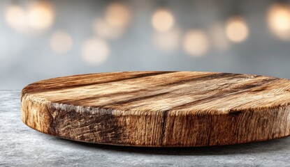 Wooden tabletop on a concrete surface with bokeh background, suggesting space for product
