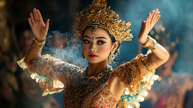 Inside the Bali Arts Festival grounds, a dramatic dance performance unfolds on stage. The dancer wears a golden crown and detailed brocade costume.