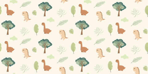 Cute dinosaurs pattern. Jungle dinosaurs animal seamless pattern. Safari dinosaurs and tropical plants.  Perfect for fabrics, print, textile, wallpaper, decor. 