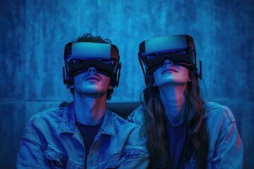 A young couple enjoys an immersive virtual reality experience, illuminated by vibrant blue and purple lighting.