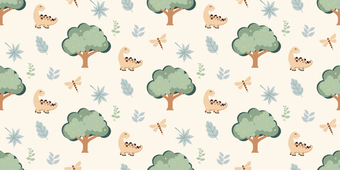 Cute dinosaurs pattern. Jungle dinosaurs animal seamless pattern. Safari dinosaurs and tropical plants.  Perfect for fabrics, print, textile, wallpaper, decor. 