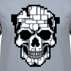 Obraz premium Pixelated skull design with fragmented block-style glitch elements, clean abstract digital form on simple background, tech-inspired apparel print for t-shirts and hoodies