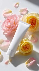 White Cosmetic Tube Surrounded by Roses