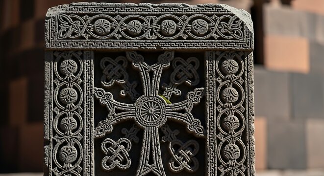 Intricate Armenian Khachkar Cross Stone Carving.