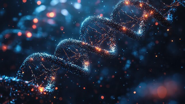 Abstract digital visualization of a glowing DNA double helix structure with particle effects on a dark background. - Powered by Adobe