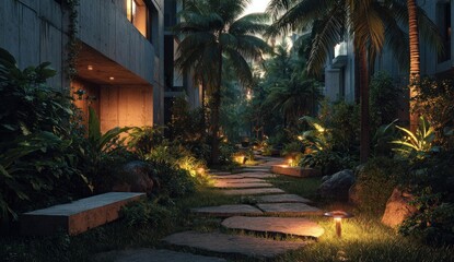 Naklejka premium Stone path through lush tropical greenery between concrete buildings, illuminated by lights