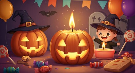 Halloween scene pumpkins candy and witch costume adorn a table with lit candles and festive decorations