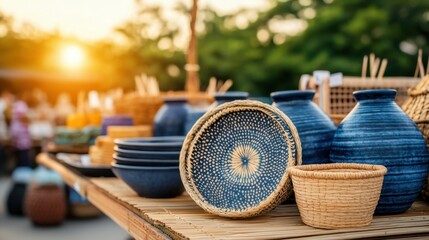 Artisan Market Stall at Sunset with Glowing Light Overhand Crafted Bowls and Decorative Baskets