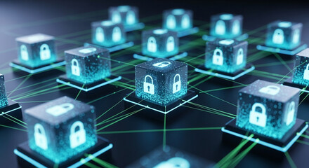 Cybersecurity network featuring glowing locks representing data protection in a modern secure system
