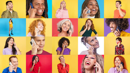 Mosaic of happy people talking to the mobile