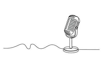 Continuous line drawing of microphone with cord symbolizing music podcast entertainment and communication illustration