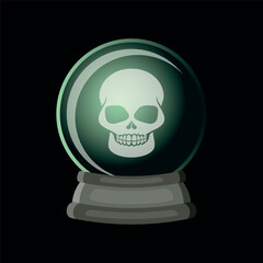 Evil black crystal ball with a human skull vector illustration. Spooky halloween magic crystal ball icon isolated on a black background. Witch magic tool symbol. Fortune telling design element
