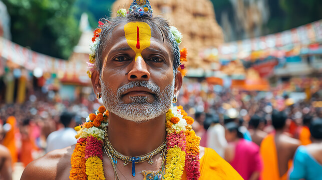 Thaipusam Festival in Malaysia, a close-up portrait of a kavadi bearer with painted forehead, pierced cheeks, and vibrant ceremonial attire. Behind him, the massive crowd.