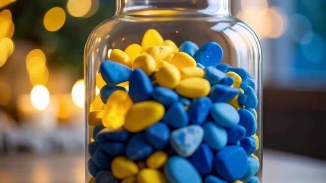 Close up of glass jar filled with blue and yellow pebbles sitting on a table with golden bokeh light in background.