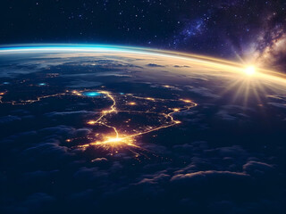 Obraz premium Nighttime cityscape illuminated by sunlight.