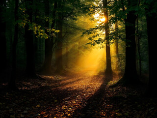 Fototapeta premium Golden sunlight filters through dense forest trees.