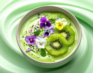 Kiwi smoothie bowl with dragon fruit and edible flowers