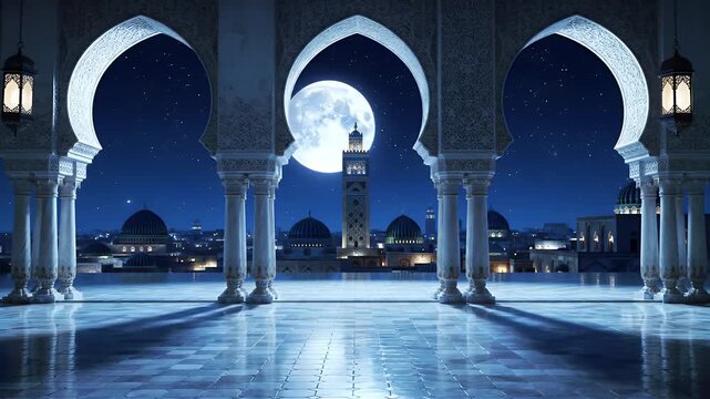 Majestic Moroccan Palace Arches Framing a Blue Night Sky Featuring a Tower Silhouetted by a Full Moon and Starry Backdrop Reflecting off the Tiled Terrace Illuminated by Hanging Lanterns