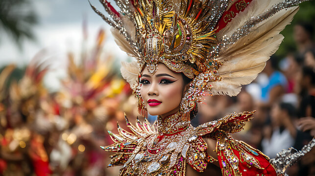 Jember Fashion Carnaval, Indonesia&rsquo;s global stage of artistic expression. Performers parade in elaborate costumes with glittering details, echoing batik, wayang, and traditional symbolism.