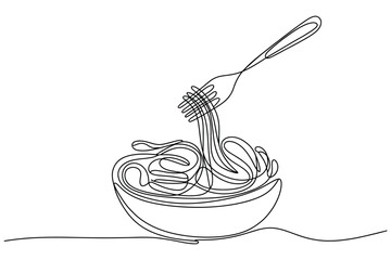 Continuous line drawing of bowl of pasta with fork symbolizing food cuisine Italian meal and restaurant lifestyle illustration