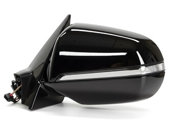 Sleek black car side mirror with integrated turn signal, ready for installation