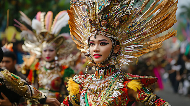 Jember Fashion Carnaval, Indonesia&rsquo;s global stage of artistic expression. Performers parade in elaborate costumes with glittering details, echoing batik, wayang, and traditional symbolism.