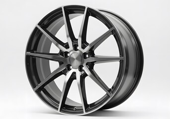 Obraz premium Sleek modern alloy wheel with intricate spoke design, perfect for automotive customization and performance upgrades.